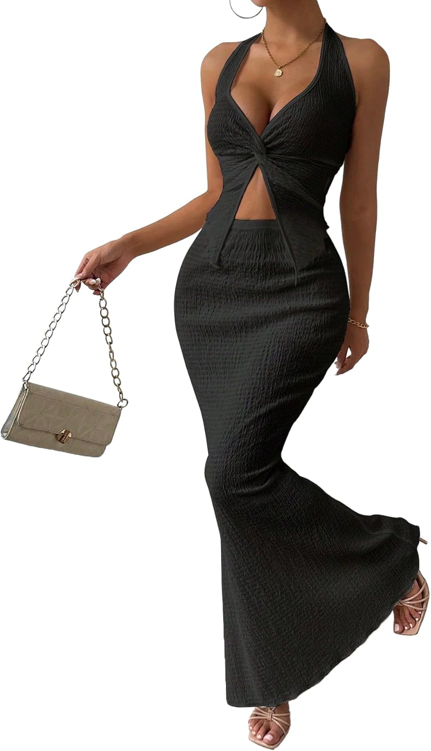 Two Piece Skirt Outfits for Women 2025 Twist Halter Crop Top and Maxi Skirt Sets 2 Piece Summer Vacation Set