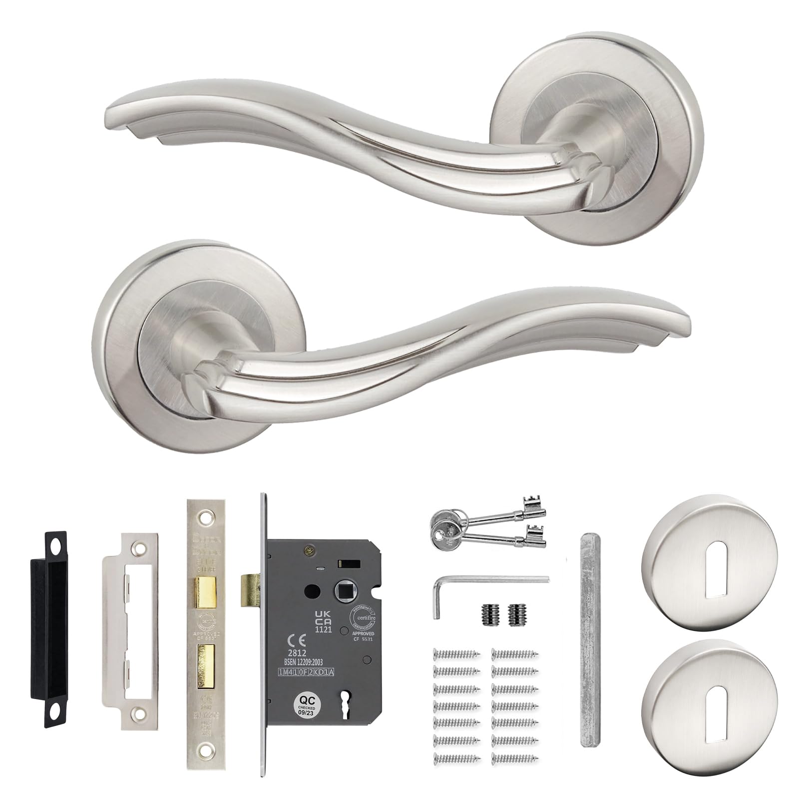 Decoranddecor Solace Chrome Internal Door Handles – Aluminium Brushed Nickel Handle Sets with Lock and Keys – Sleek and Durable Design for Wooden Interior Doors in Homes and Offices