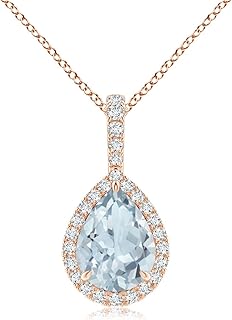 Angara Natural Aquamarine Halo Solitaire Pendant Necklace for Women, Girls in 14K Solid Gold/Platinum | March Birthstone |...