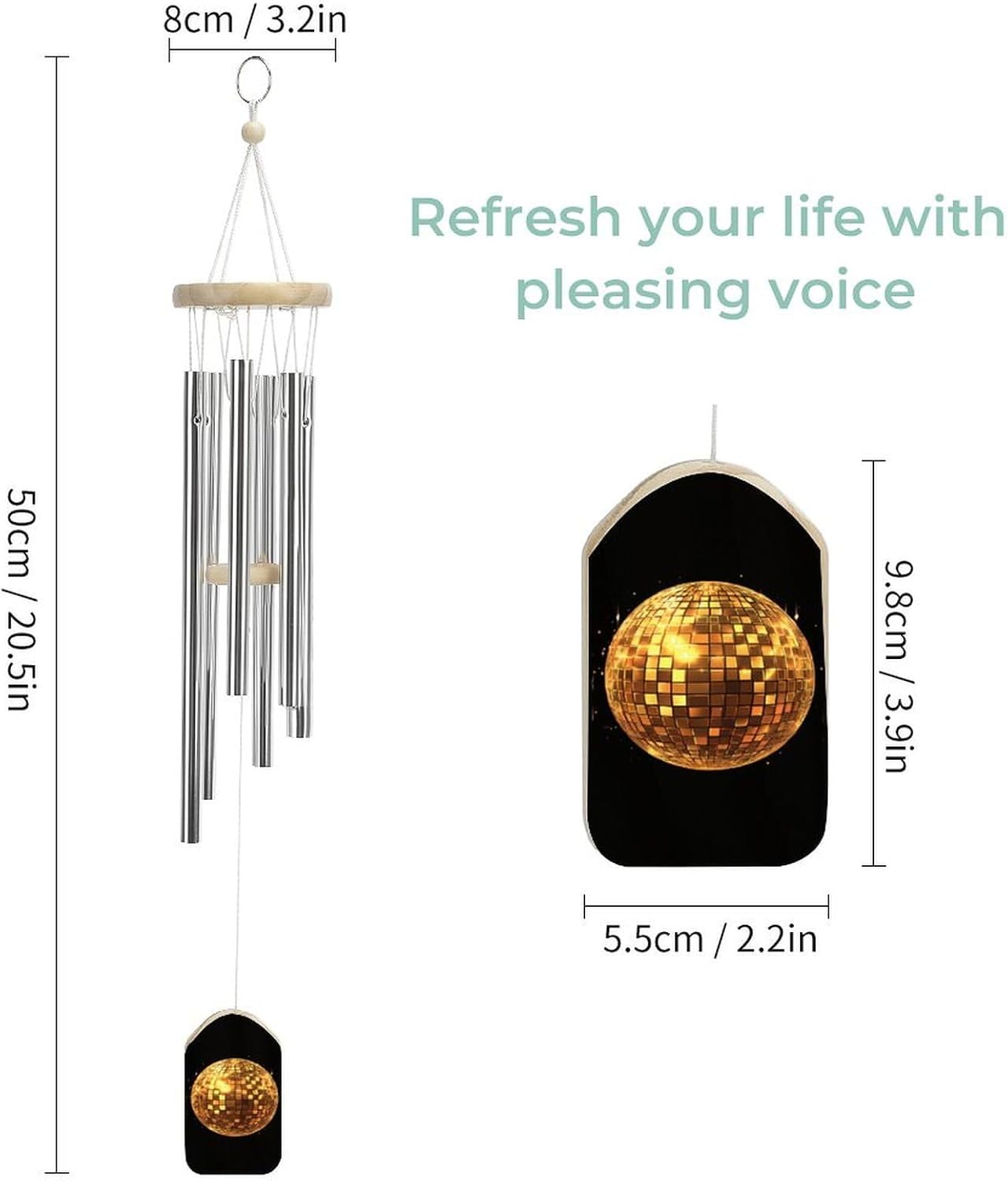 Golden Disco Ball Wooden Wind Chimes Deep Tone Memorial Windchime for Outside Garden Home Decoration