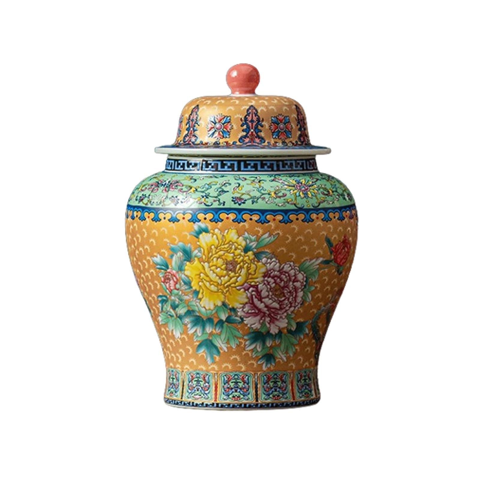 Yellow Ceramic Ginger Jar with Lid,Hand Painted Floral Peony Porcelain Temple Jar for Decor,Traditional Chinoiserie Art Vase Centerpiece(6.1x8.9inch)