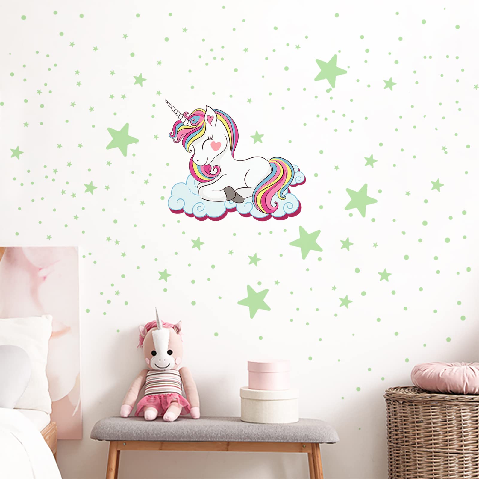 Adesivi Murali Unicorno Stella Verde Adesivi da Parete Stelle Fluorescenti Adesive Soffitto Adesivi Murali Bambini Stelline Luminose per Cameretta Soggiorno Decorazioni 3 Pezzi