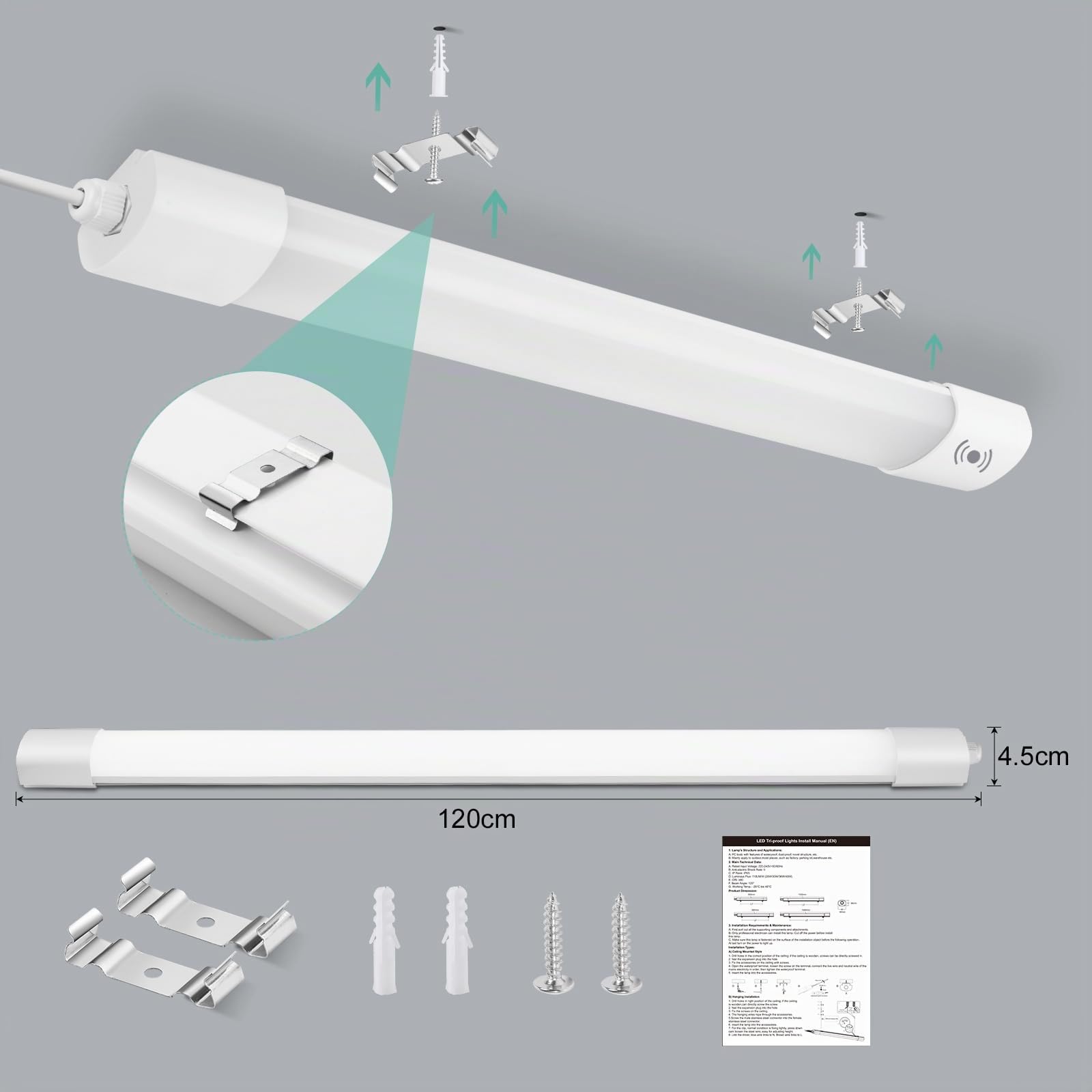 Lámpara LED con Sensor de Movimiento para Baño/Cocina/Sótano, 60 CM 20W 2200LM 4000K IP65, Luz Techo LED Impermeable para Garaje Taller o Almacén (Tubo LED Blanco Frío)