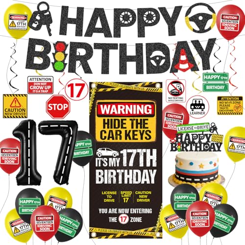 17th Learner Driver Birthday Decorations - 30 Pcs Happy 17th Birthday Learner Driver Backdrop Banner Balloons Car Road Signs Hanging Swirls Party Decoration for Boys 17 Years Old