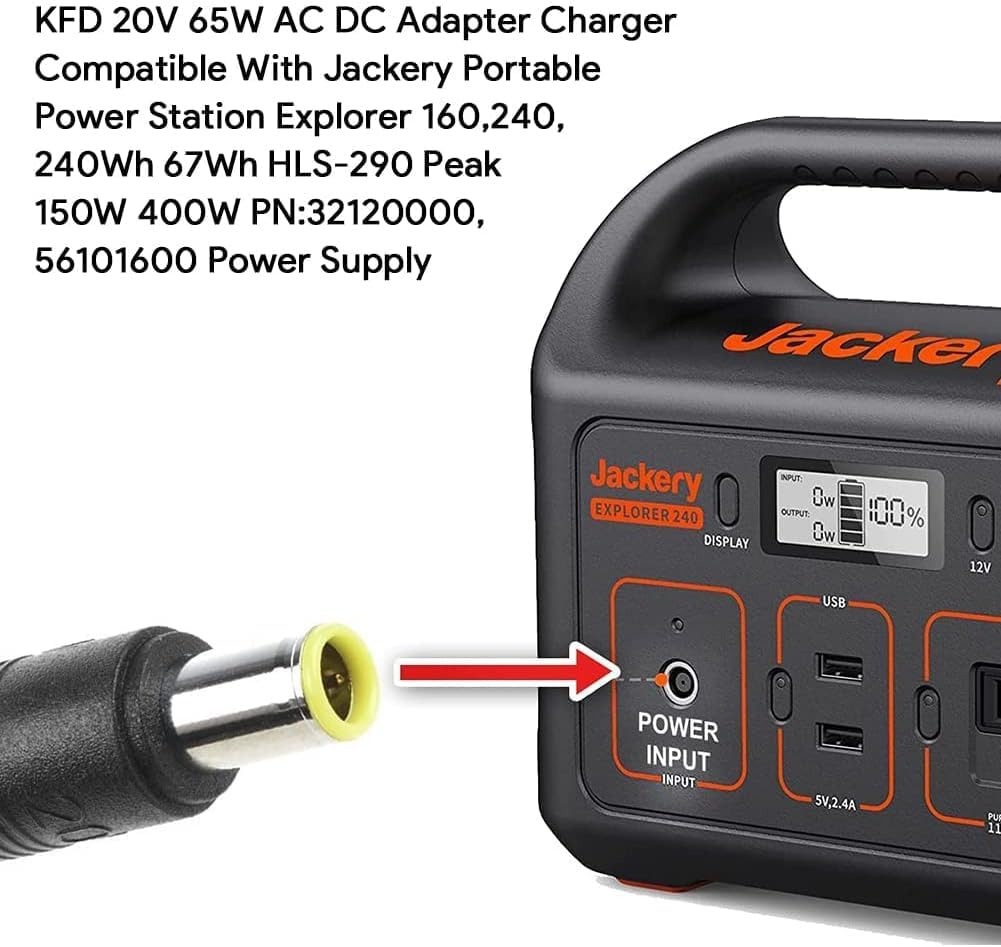 KFD 65W 20V Bloc d'alimentation Chargeur pour Jackery Explorer 160 240 E160 E240 Honda HLS 290 HLS290 167Wh 240Wh YHY-12005000 DS120060C8-W PN 32120000 561016000 Adaptateur Secteur