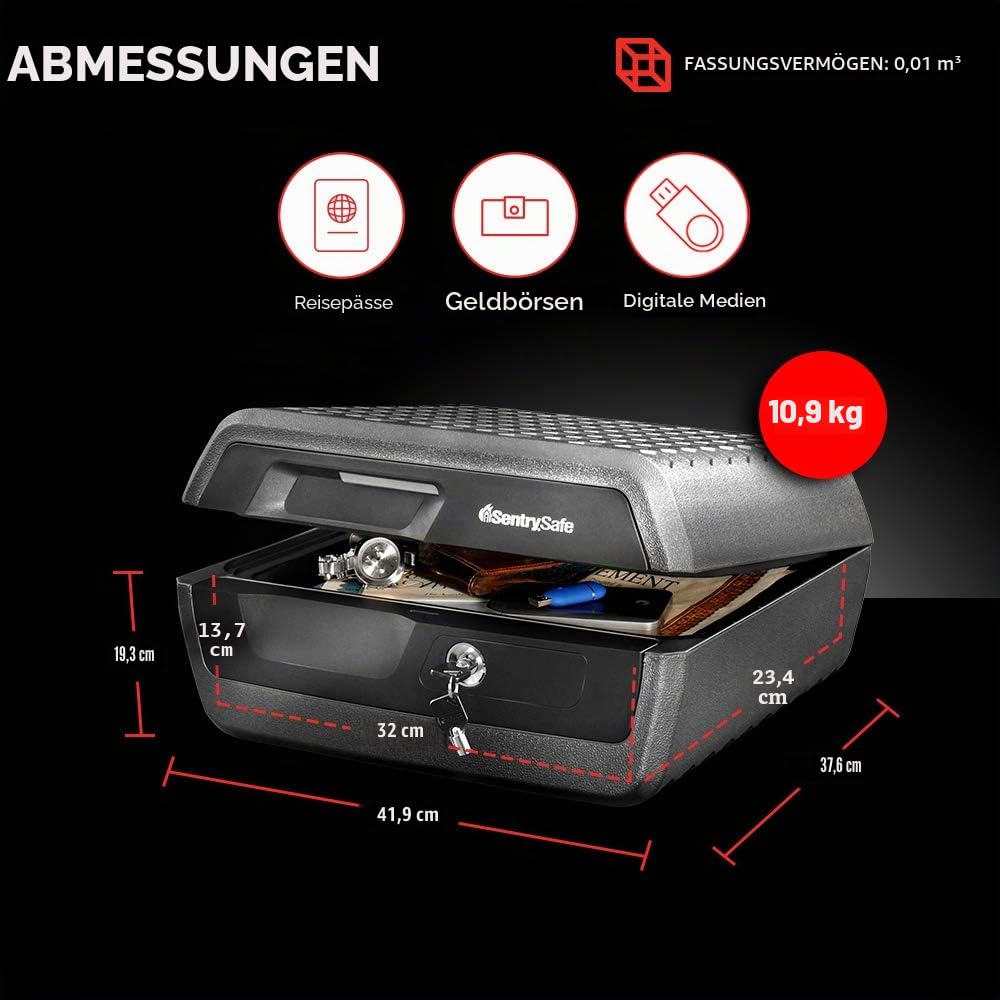 Sentry Safe CHW30220 Feuerfeste und wasserdichte Tresorbox mit Schlüsselschloss, Feuer- und Wassertruhe Safe für Wertsachen, Grau & Schwarz, 0,36 Kubikfuß, 7,6 x 16,5 x 14,8 Zoll