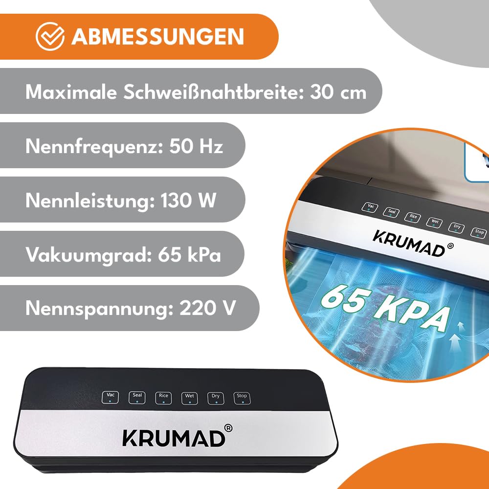 KRUMAD Vakuumiergerät 65kPa/130W Inkl. 10 Vakuumierer Beutel 25x20cm, 5 Modi, mit 30cm Schweißnaht, Vakuumierer für Lebensmittel, Folienschweißgerät, Für Trockene & Feuchte Lebensmittel