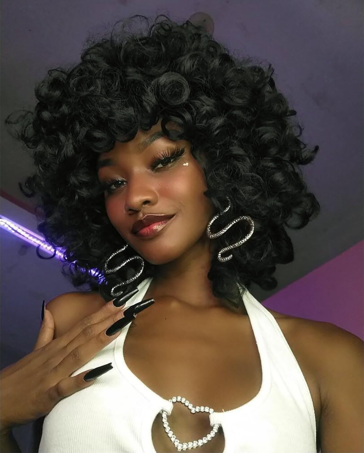 ISAMY 14 Inch Short Curly Wigs for Black Women Afro Kinky Curly Wigs with Bangs Big Bouncy Loose Cute Curly Fluffy Wavy Synthetic Hair (Black) - Image 4