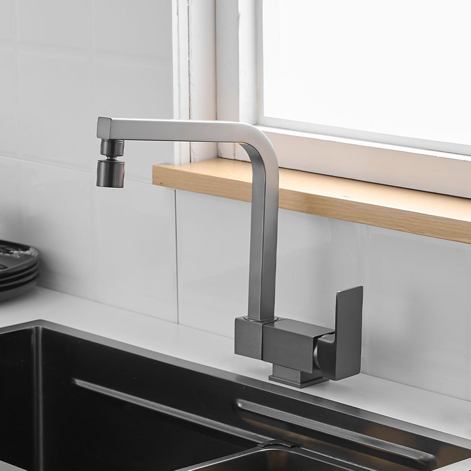 ZYCHSJXA Front Window Kitchen Tap Folding 360° Swivel Brass 2 Modes Sink Taps Mixer-Grey