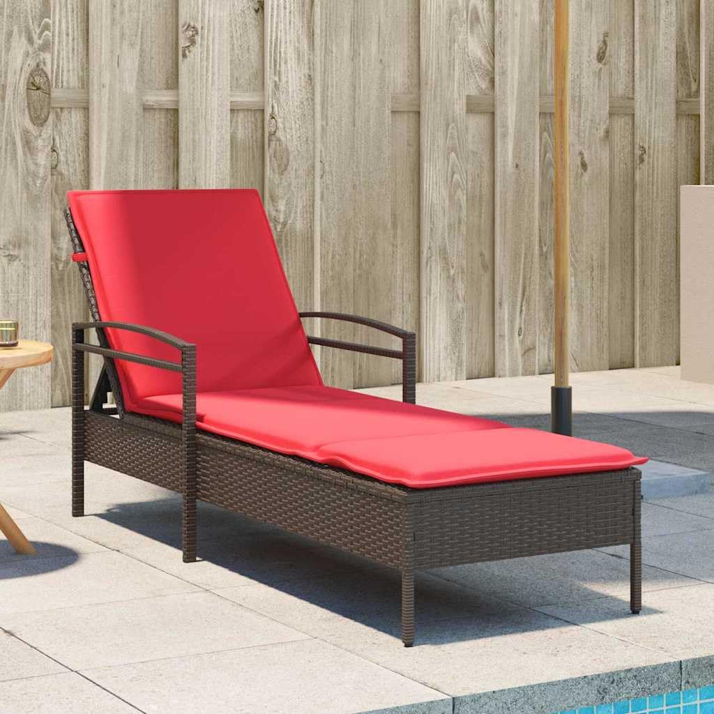 Leżak ogrodowy z poduszką, brązowy, 63 x 200 x 81 cm, polirattan, regulowany, składany, na taras, balkon, basen, plażę, relaks w ogrodzie, z ramą odporną na warunki atmosferyczne