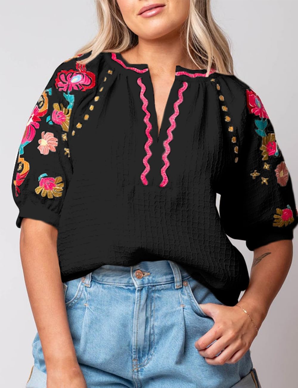 Ecosunny Women's Casual V Neck Puff Short Sleeve Shirts Floral Embroidered Ricrac Textured Loose Tunic Blouses Tops - Image 2