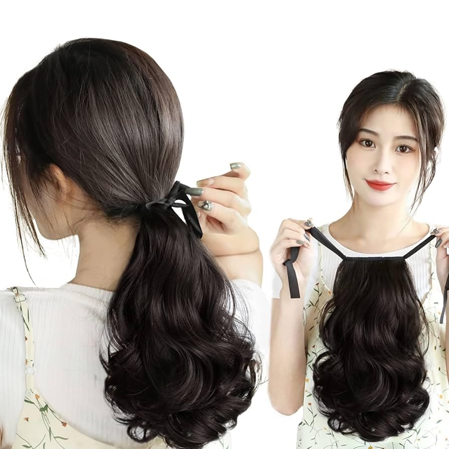 Alizz short Wavy Black Hair Extension with Ribbon Tie, Synthetic Ponytail Style, Heat Resistant, Natural Looking-image-43