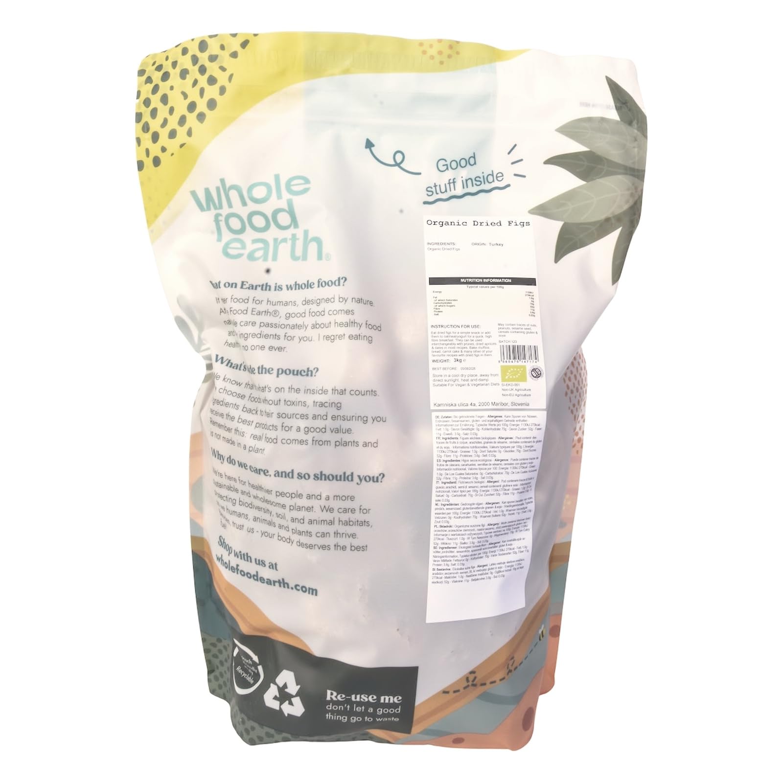 Wholefood Earth - Higos secos ecológicos, 3 kg, secados al sol, crudos, sin transgénicos, veganos, altos en fibra, con certificación ecológica