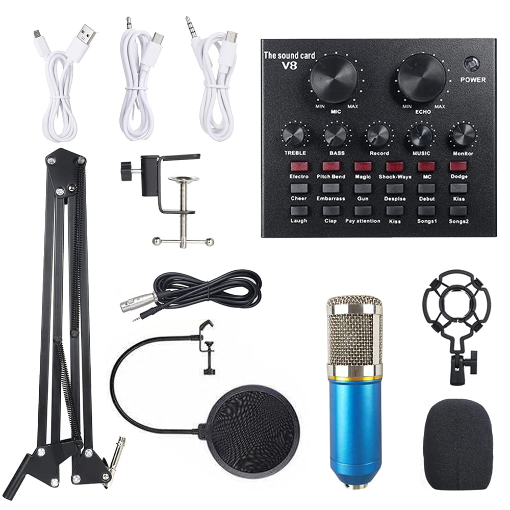 ACAGALA Multifunctional Live Sound Card and Suspension Microphone Kit Broadcasting Recording Condenser Microphone Set Intelligent Audio Mixer Sound Card for Computer PC Live Sound