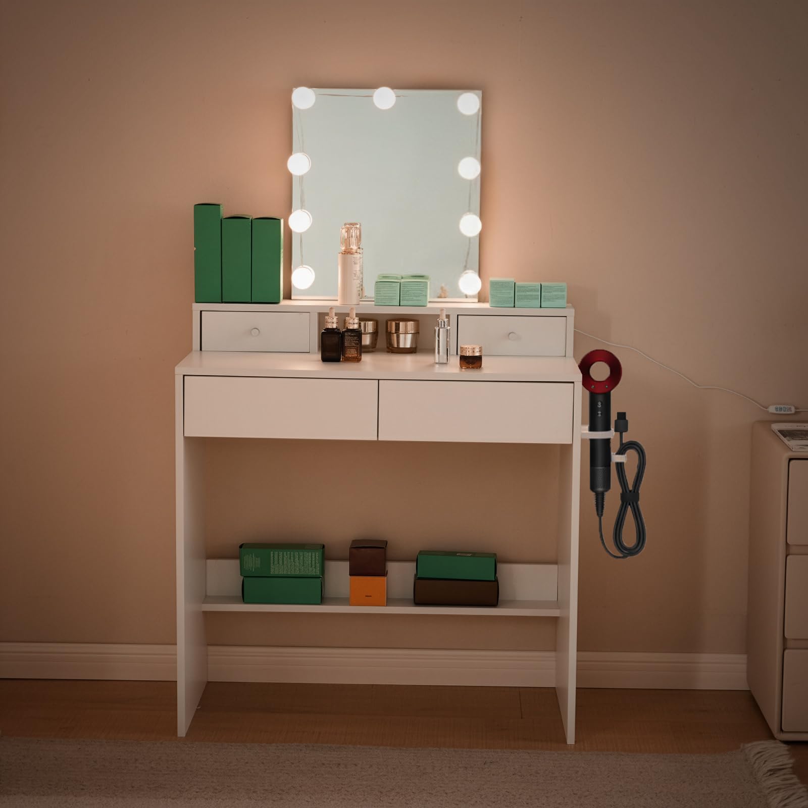 LEADZM Coiffeuse avec Miroir LED 3 Couleurs Réglables, 4 Tiroirs, 1 Porte-Sèche-Cheveux, 80x40x130 cm (Blanc)