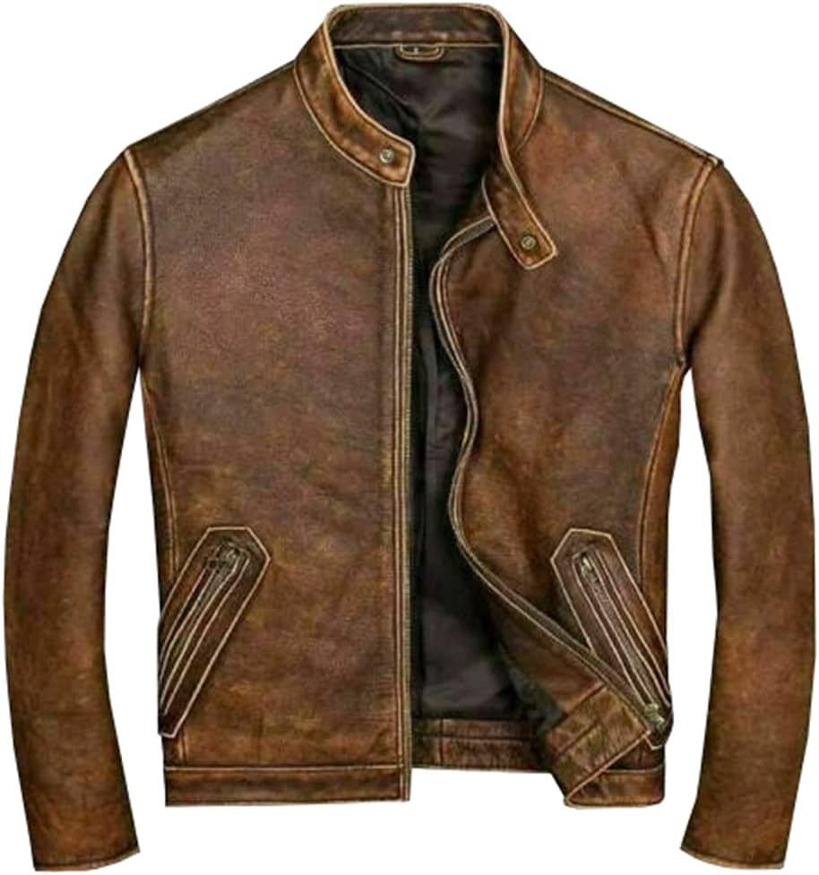 Mens Real Leather Biker Vintage Cafe Racer Motorcycle Distressed Brown Genuine Leather Jacket (Small)