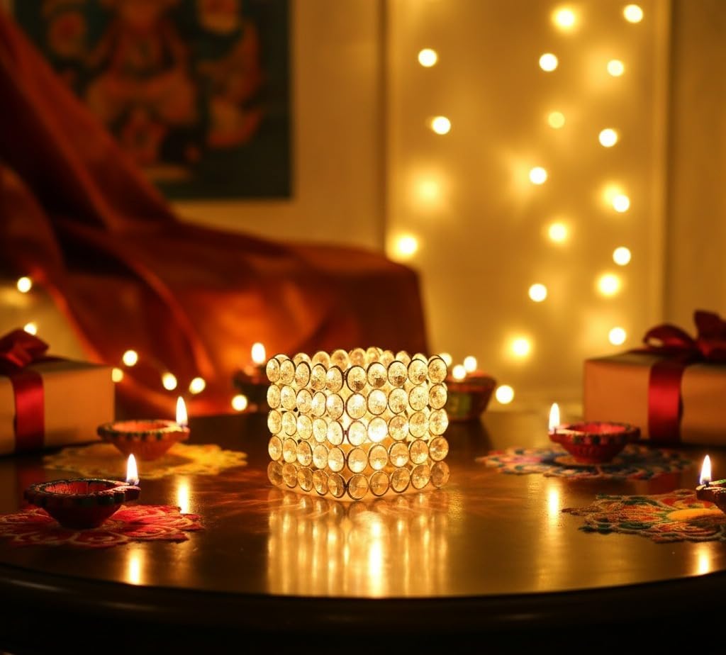 Crystal Tealight Candle Holder Set | Round Diamond-Cut Glass Votive | Includes Candles | Decorative T-Light Stand for Home Decor, Weddings, Parties (Set of 2)