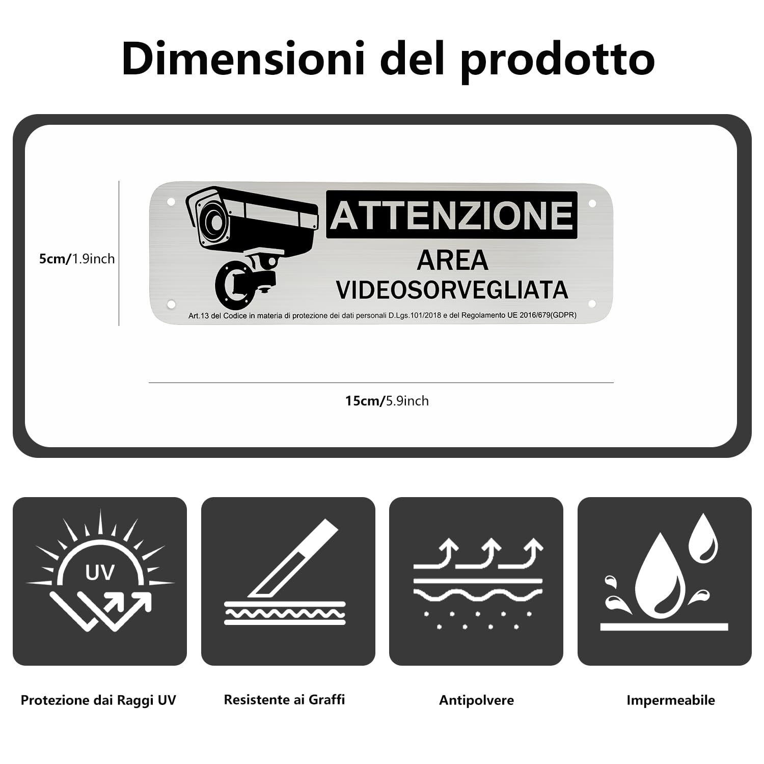 REIGY Cartello Area Videosorvegliata Alluminio da Esterno 15x5 cm, 4pcs Area Sottoposta a Videosorveglianza Adesivo GDPR, Cartelli Privacy Telecamere Sorvegliata per Proprietà Privata