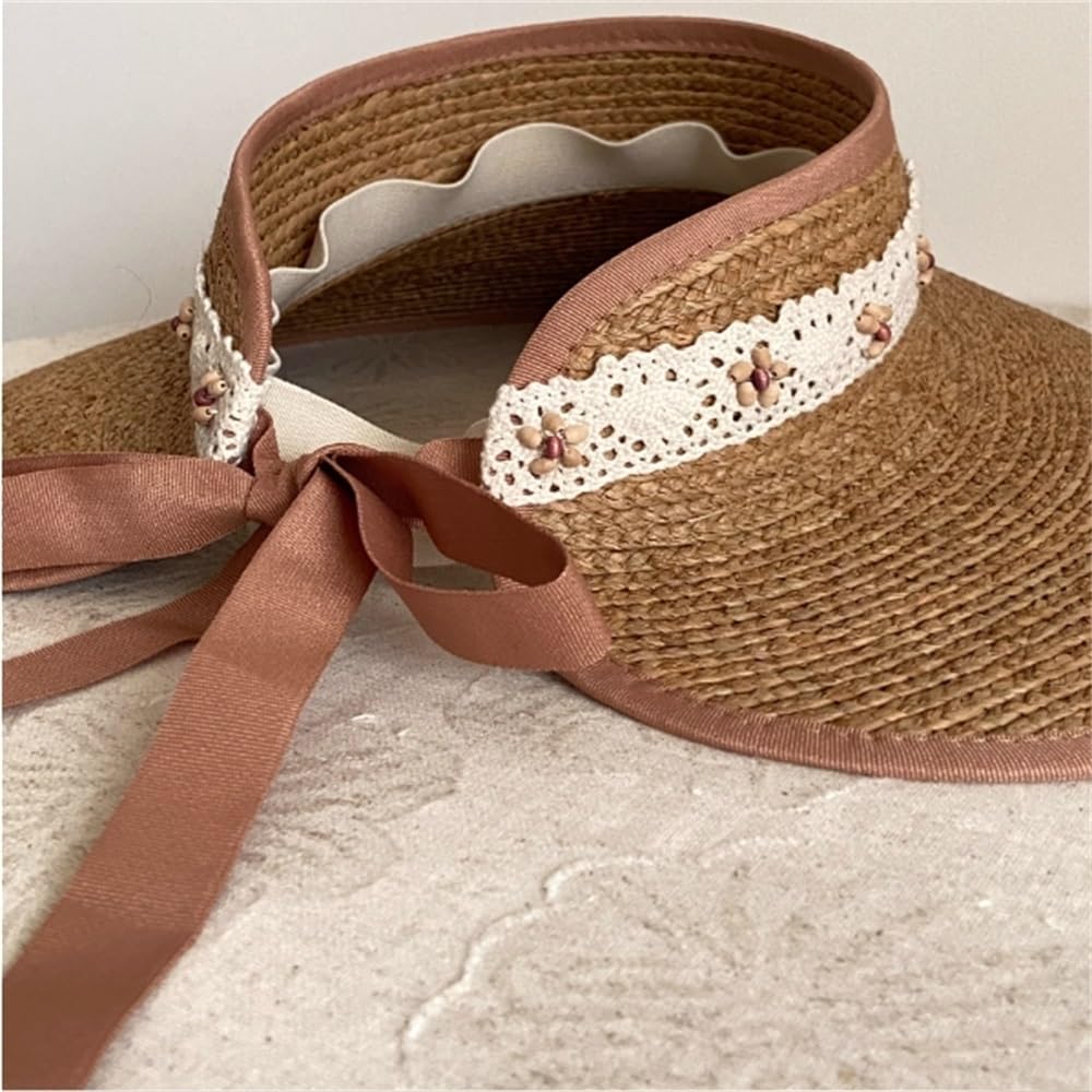 Visera de Paja para Mujer Elegante Sombrero De Copa Hueca For Salidas Festivas, Versátil For El Sol, Paja Rafia para Sombreado al Aire Libre