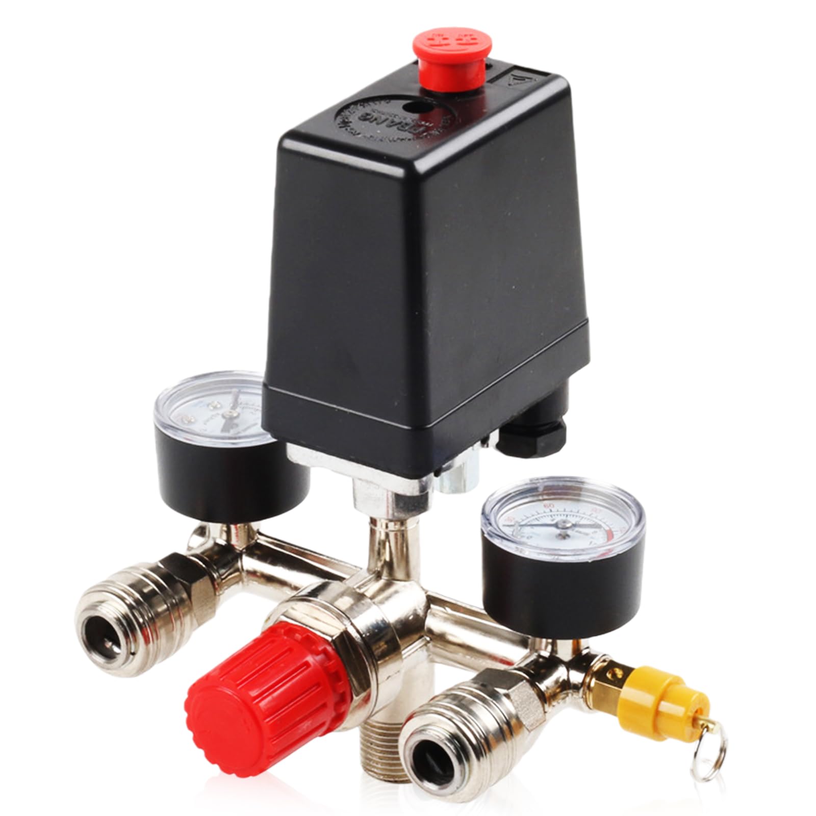 Regulador de presión compresor de 220 V con interruptor de presión, 2 manómetros, válvula de seguridad y 2 acoplamientos, compresor de aire reductor de presión con rosca exterior de 1/2", pieza de