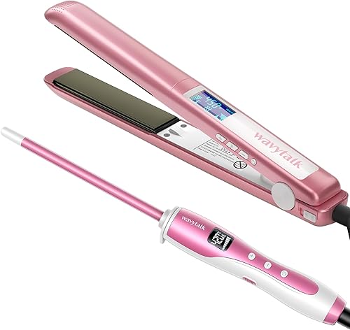 Plancha de pelo de 1 pulgada (oro rosa) y varita rizadora pequeña wavytalk de 38 pulgadas (blanco y rosa)