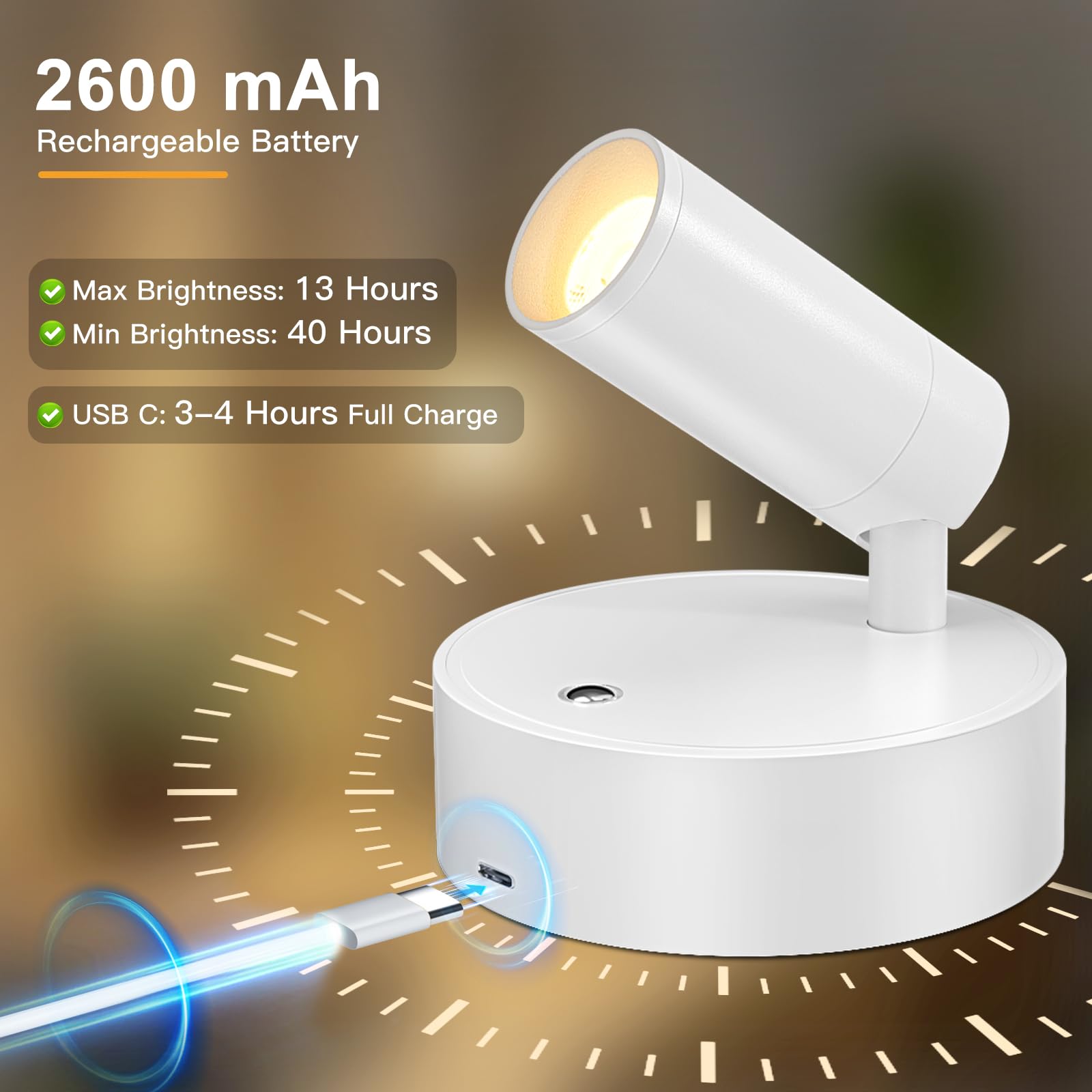 Kimjo LED Kabellose Spotlight Aufladbar Wandstrahler, Weiß Batteriebetriebene Wandleuchte Innen, USB-C Dimmbare Wandspot mit Fernbedienung, Drehbare Wandlampe Akku für Wohnzimmer Schlafzimmer, 2 Pack