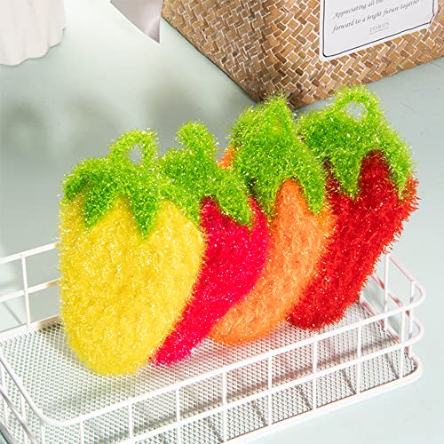 Image of Strawberry Shape Acrylic Dish /Pot Scrubbers for Dish Washing, Cute Colorful Dish Sponge No Odor Kitchen Sponge Net Dish Cloths, 4 Pack