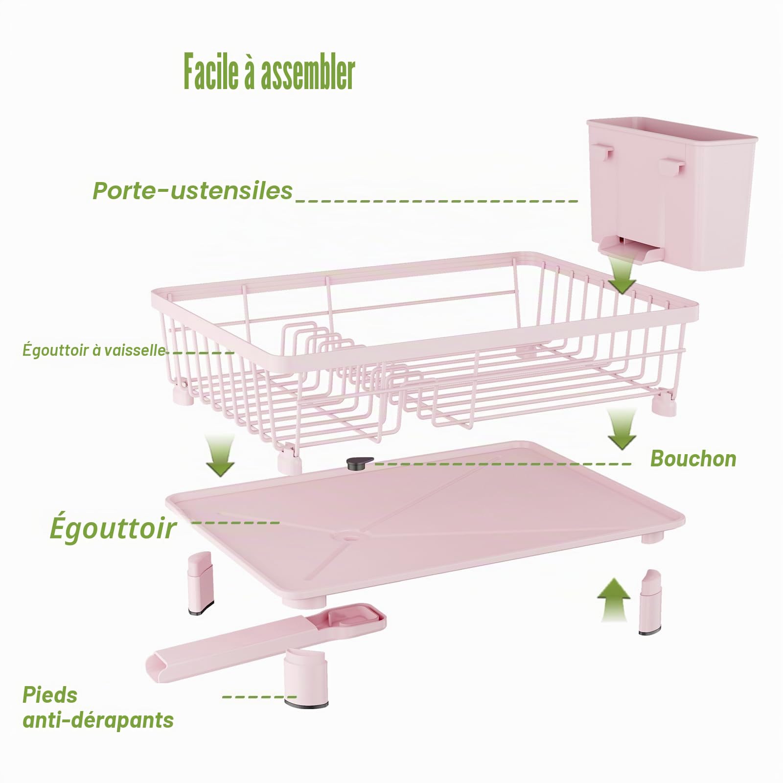 GHERISN Égouttoir à vaisselle avec plateau d'égouttement, égouttoir à vaisselle avec bec de drainage, égouttoir à vaisselle en acier inoxydable avec tasses, ustensiles et planches à découper pour