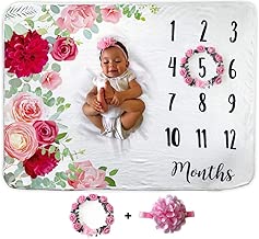 Baby Monthly Milestone Blanket | Includes Floral Wreath & Headband | 1 to 12 Months | 100% Organic Fleece Extra Soft | Best Photography Backdrop Photo Prop for Newborn | Baby Girl - coolthings.us