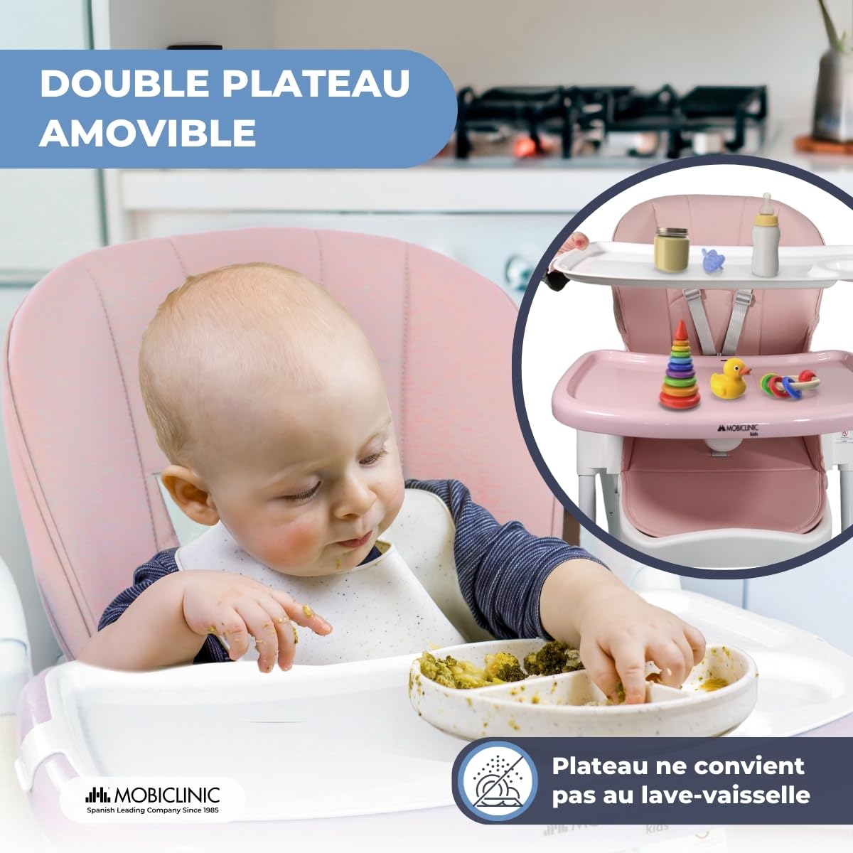 Mobiclinic® kids, Chaise haute, Évolutive, Extra pliable, Convertible en, Simba, Harnais 5 points, Roues avec freins, Double plateau amovible, Tissu lavable et, Réglable