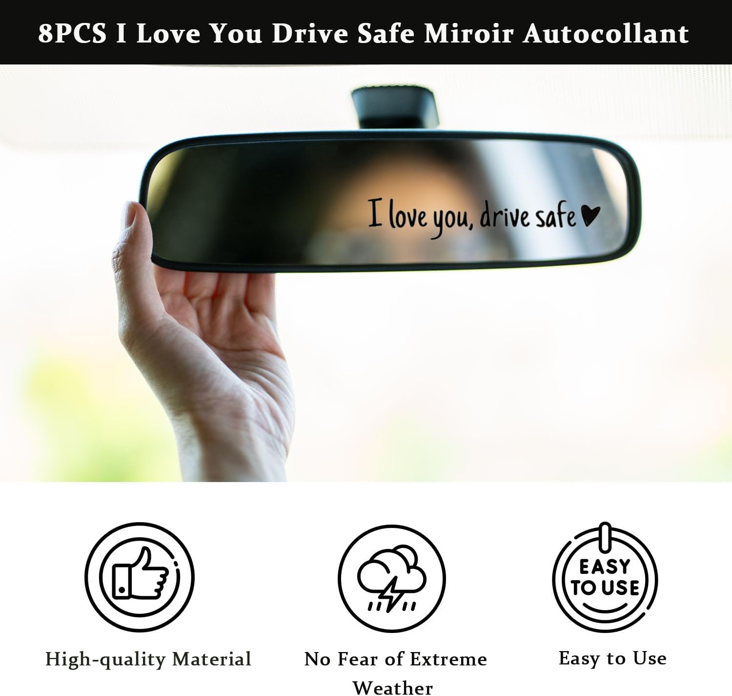 8PCS I Love You Drive Safe Mirror Decal, I Love You Drive Safe Car Rearview Mirror Decal, Car Stickers for Window Safety Reminder (black + white) - Image 2