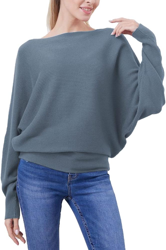 FULIER Women Oversized Boat Neck Batwing Sleeves Dolman Knitted Sweaters Lightweight Pullovers Tops One Size - Image 2