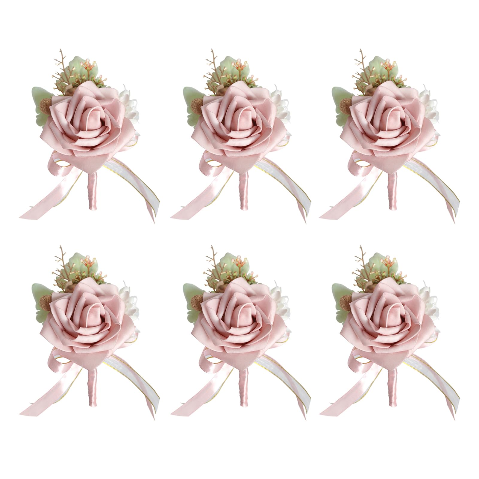 6pcs Wedding Boutonniere, Pink Rose Boutonniere, Handmade Corsage Buttonhole Flowers With Pin And Clip, Artificial Wedding Flower For Men Groom Bride Suit Dress Banquet Decor