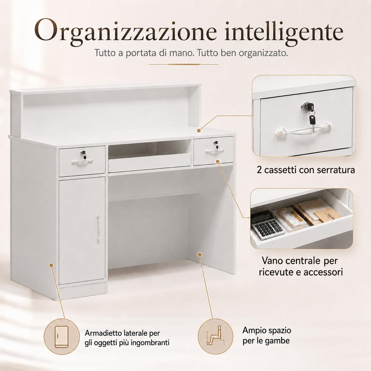 Banco di reception, banco di reception, banco di vendita, sala reception, sala di accoglienza, bancone da ufficio, con grande superficie di lavoro, bianco, legno, 100 cm x 120 cm x 50 cm