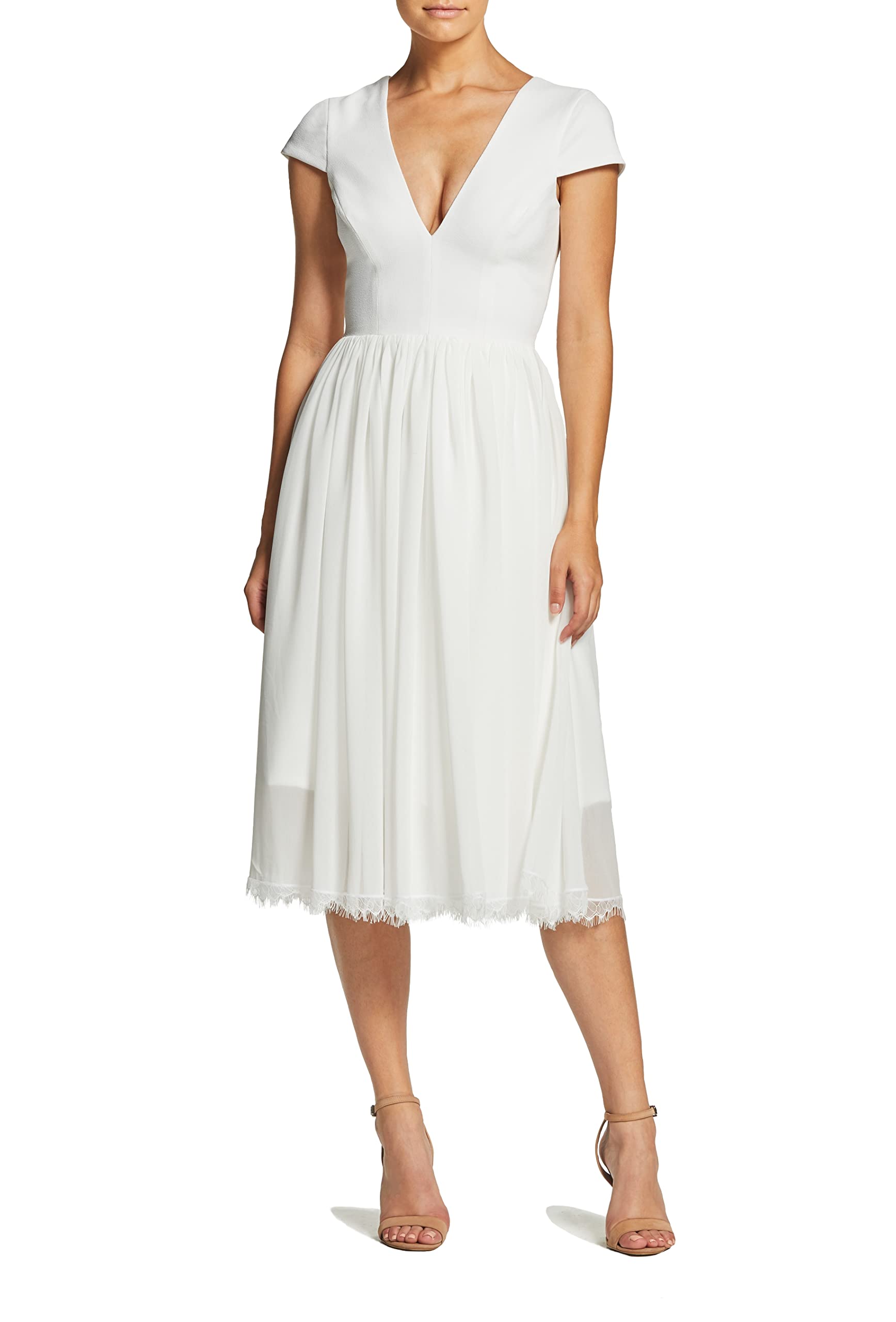 Dress the PopulationWomen's Corey Plunging Mix Media Cap Sleeve A-line Midi Dress