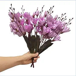 2 peças de buquê de flores de seda de magnólia artificial rosa roxa de 40,6 cm, orquídeas falsas, orquídeas de seda que parecem reais para decoração de casa, buquê de casamento, plantas artificiais ao