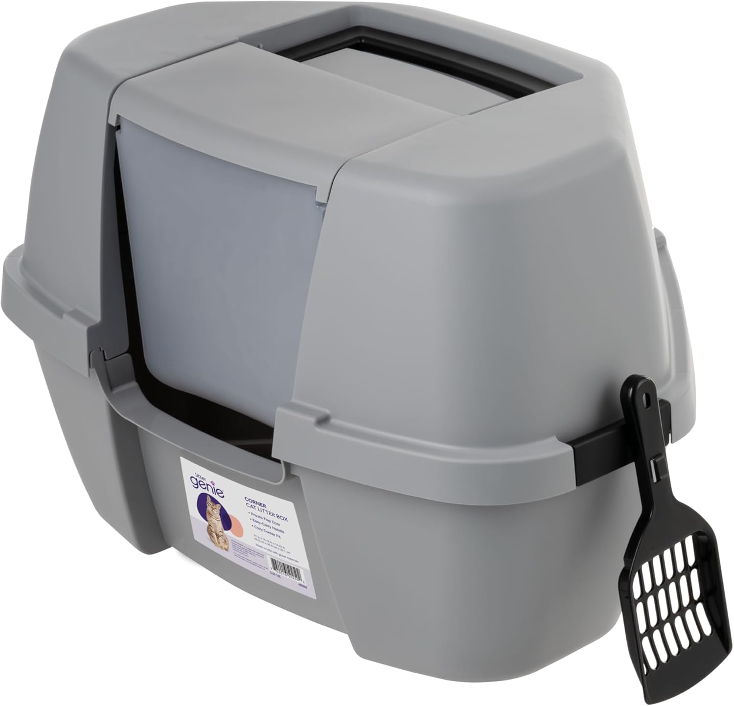 Litter Genie Corner Cat Litter Box Enclosed with Scoop - Privacy and Easy Access for Cleaning, Odor Defensive Hooded Litter Tray, Sturdy Stain Resisting Plastic, Fits in Most Corners, Gray/Black