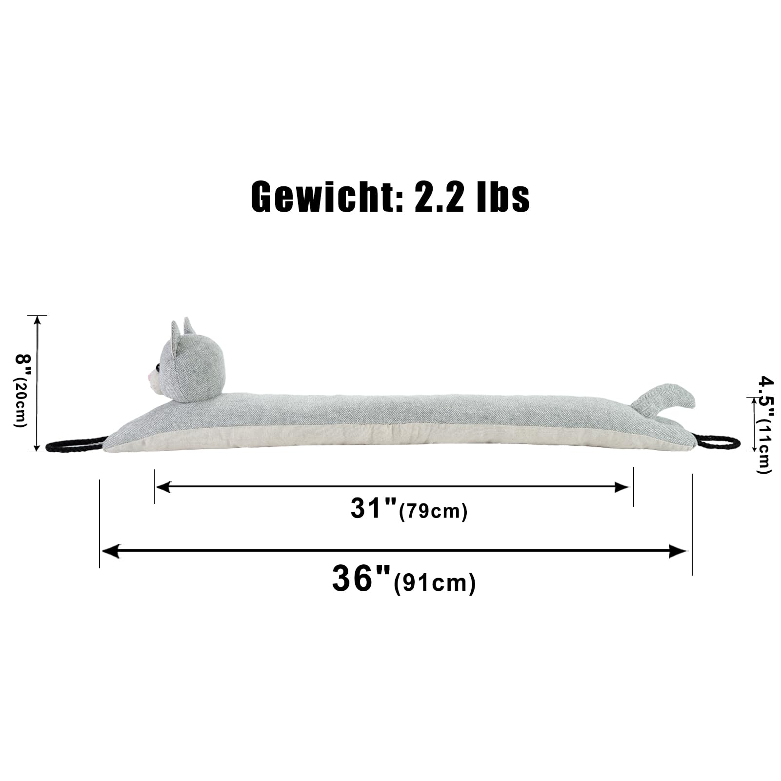 Unter Tür Zugluftstopper Dekorative Windstopper 91cm für Fenster, beschwert Tier Luft Zugluftstopper Schlange Lärm Blocker für unten an der Tür mit hängenden Schlaufen - Graue Katze