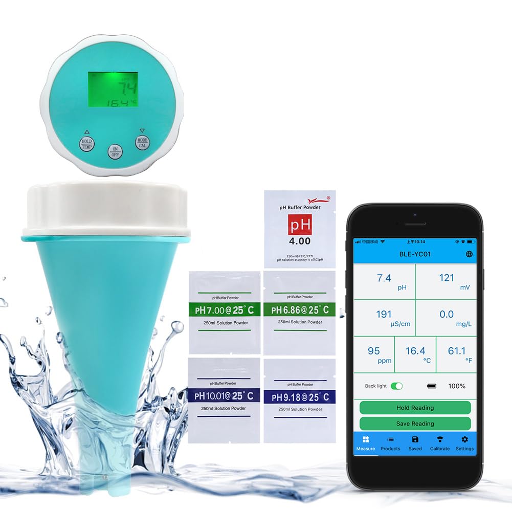 6 en 1 Bluetooth Pool Monitor Smart Pool Water Quality Tester Digital Temp Cloro, Pool Termómetro, PH CL EC TDS ORP Temperatura para Piscina, Acuario, Laboratorio