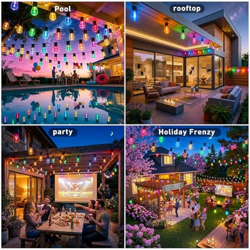 Image of Outdoor String Lights,200FT Smart RGB+IC Patio Lights with Shatterproof LED Bulbs ,Outside Light Dimmable Patio for Decor DIY IP67 Waterproof ,Courtyard, garden,Holiday,LED lights more Scene Modes