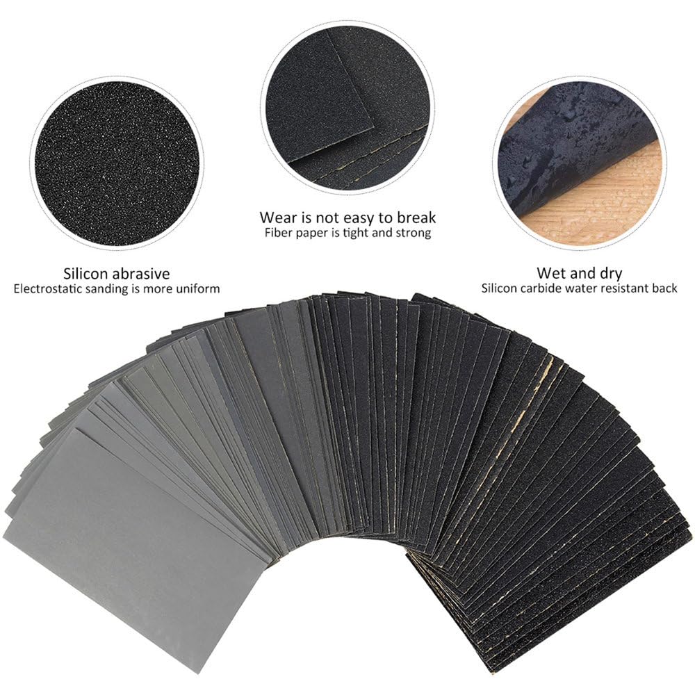 Assortiment de 102 Feuilles de Papier abrasif, Grain 60 à 3000, pour ponçage Automobile et Finition de Meubles, 14 x 7,5 cm