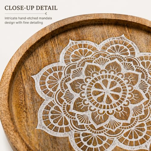 Image of Round Wooden Tray 10 Inch with Mandala Design | Mango Wood Serving Tray for Coffee Table, Snacks, Breakfast & Home Decor | Rustic Decorative Centerpiece Tray for Kitchen & Living Room
