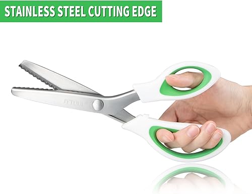 Miniatura 5 de JYTUUL Tijeras de tinta verde de 9.5 pulgadas, hoja de acero inoxidable afilada, tijeras de costura en zig zag para tela, papel y cuero, agarre