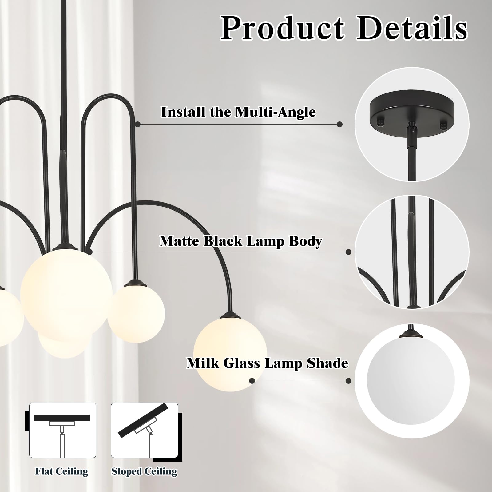 KCO Lighting Lampadario Sfere Soggiorno, Lampadario Sputnik 6 luci nero con Sfere in Vetro, Design Moderno per Sala da Pranzo, Camera da Letto, Ingresso e Cucina