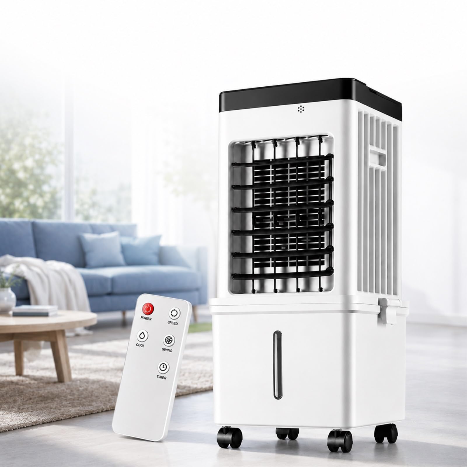 Przenośna Klimatyzacja, 4-w-1 Chłodnica Wyparna Swamp Cooler z Zbiornikiem 15L, Oscylacja 90°, 3 Prędkości, 4 Ice Packi, Cichy Wentylator Chłodzący Bez Okien do Domu Biura