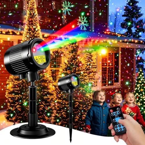 Laser Christmas Porjector Lights Waterproof Laser Light Projector Outdoor 3-Color Star Shower Laser Lights Remote Control & Timing Perfect for Holidays Party Garden Decor