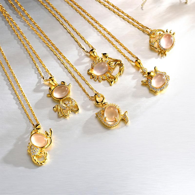 Halskette Anhänger für Sterling Silber Gold Zwölf Sternbilder eingelegter Zirkon Rosenquarz Schmuck Geburtstagsgeschenke Frauen Mädchen Schmuck