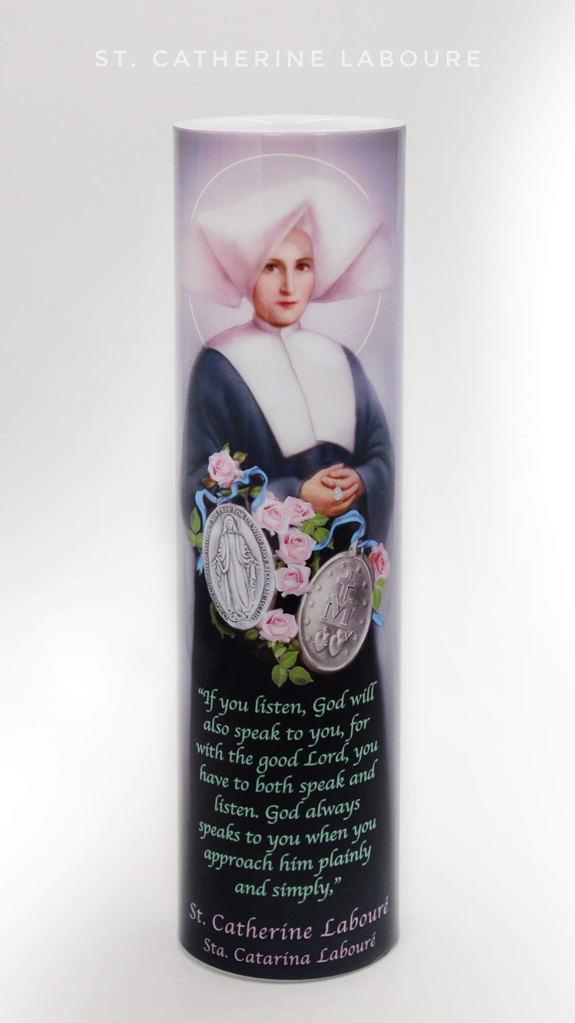 St. Catherine Laboure, LED Flameless Devotion Prayer Candle, Religious Gift, 6 Hour Timer for More Hours of Enjoyment and Devotion! Dimensions 8.1875" x 2.375"