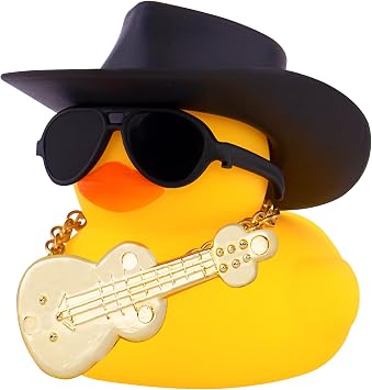 wonuu Car Dashboard Decor Guitar Rubber Duck, Car Ducks Ornaments with Mini Cowboy Hat Necklace Sunglasses, Black