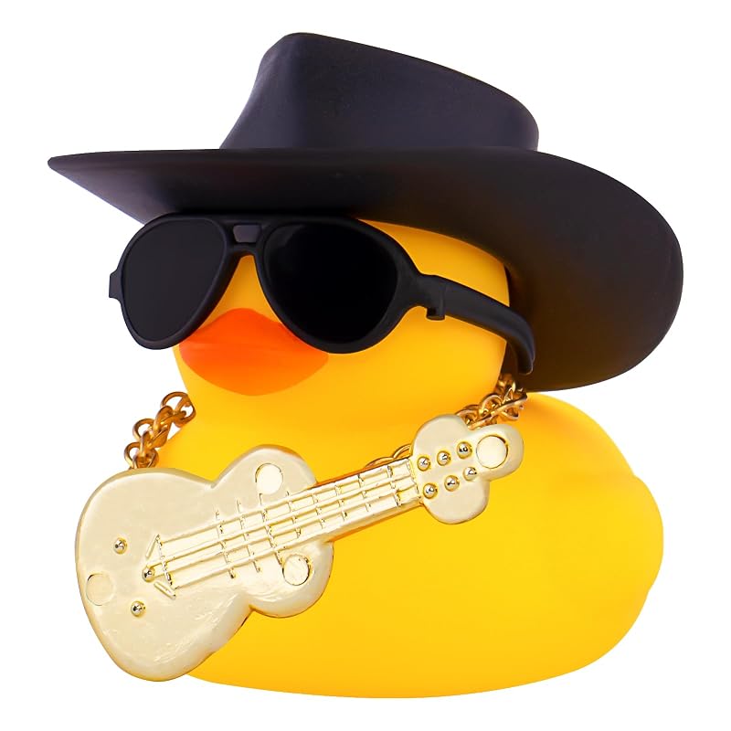 Enfeite para Painel de Carro Pato de Borracha com Guitarra, Chapéu de Caubói, Óculos e Colar, wonuu, Preto